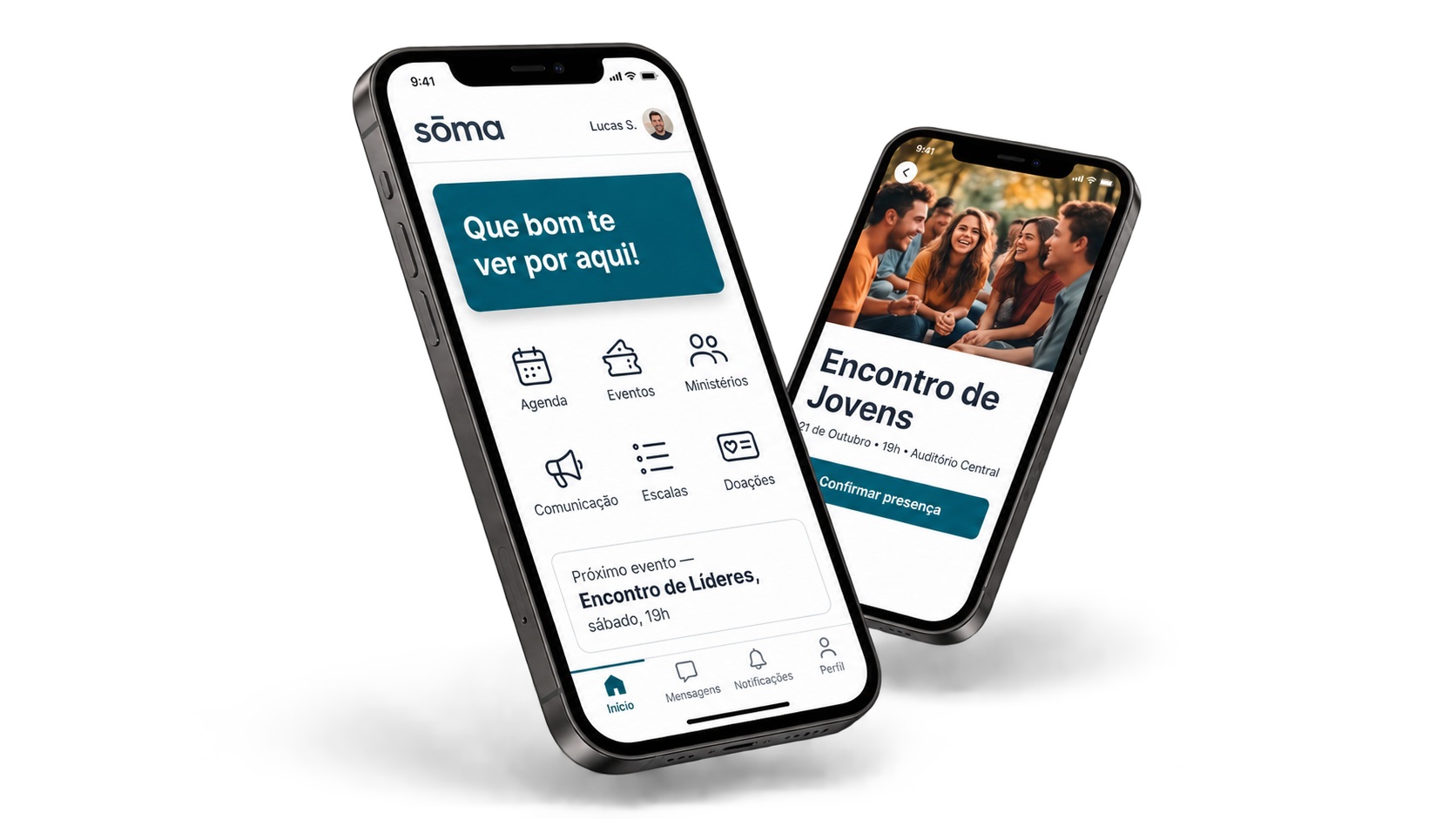 Aplicativo do membro da sōma em dois celulares, mostrando a tela inicial e a tela de um evento